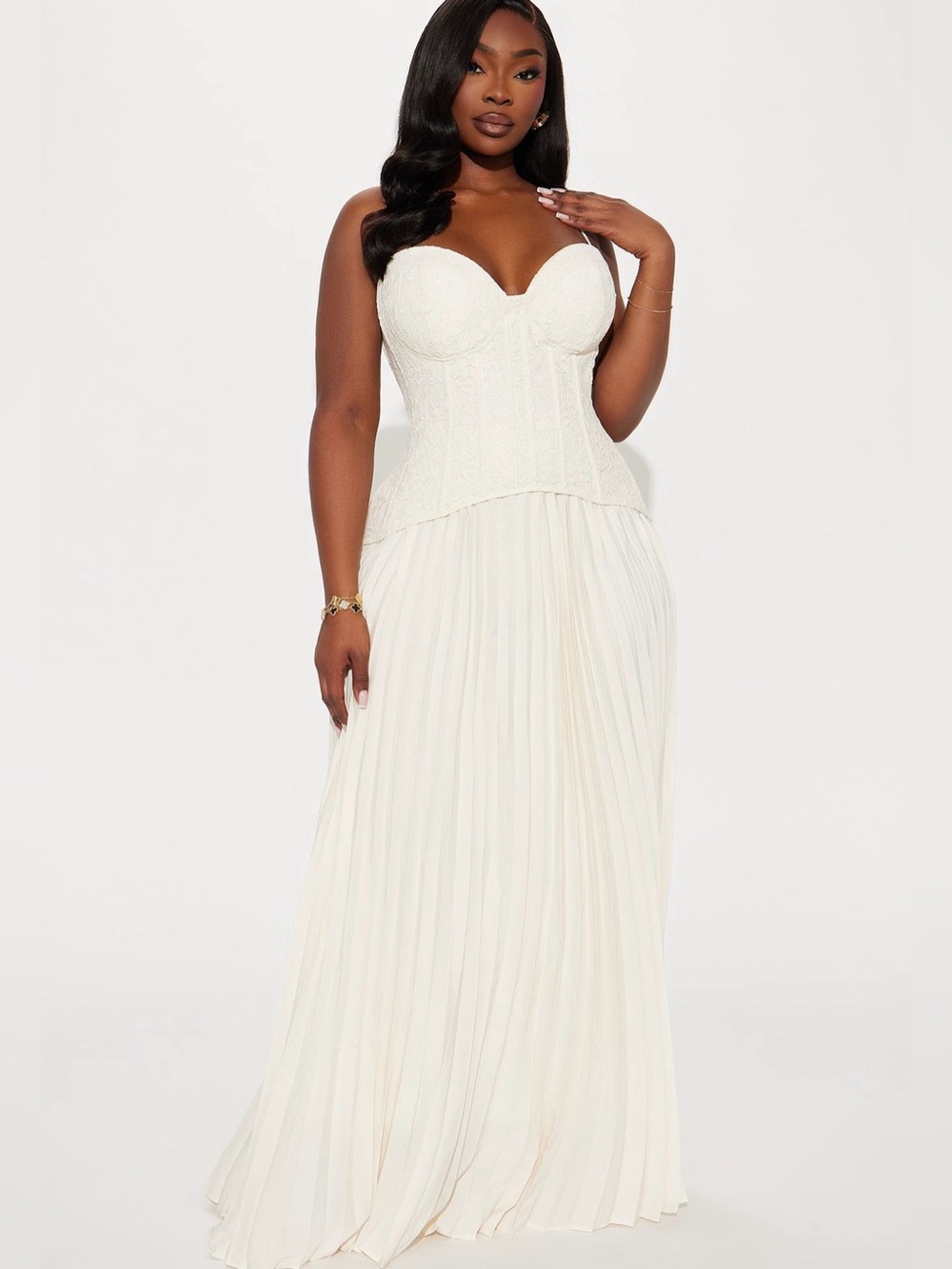 Fashion Nova Daniella Lace Corset Pleated Maxi Dress - Cream